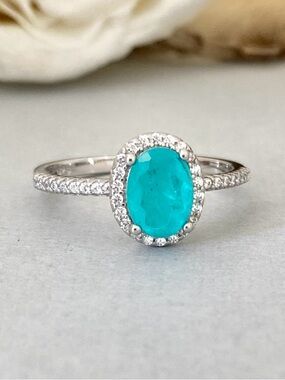 Oval Blue Paraiba Stone 925 Sterling Silver Band Round CZ Halo Women’s Ring